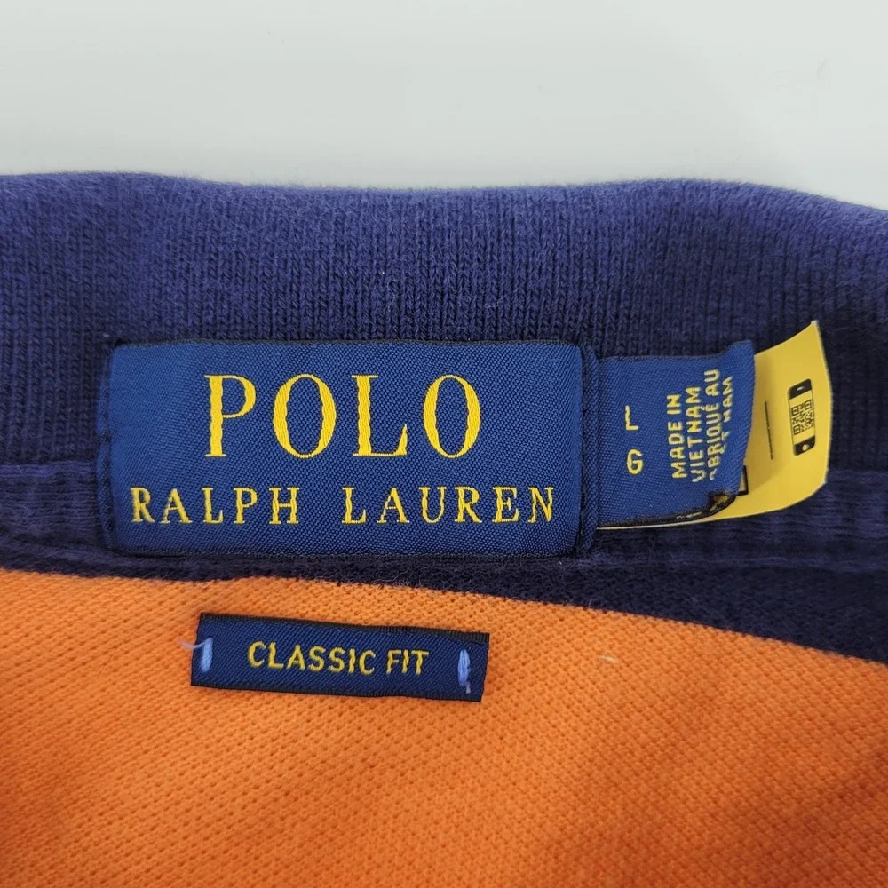 Polo Ralph Lauren Polo Shirt Mens Large Orange Striped Classic Fit Short‎ Sleeve